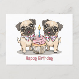 Cartão Postal Bolo de Aniversário do Pug Dogs Cupcake