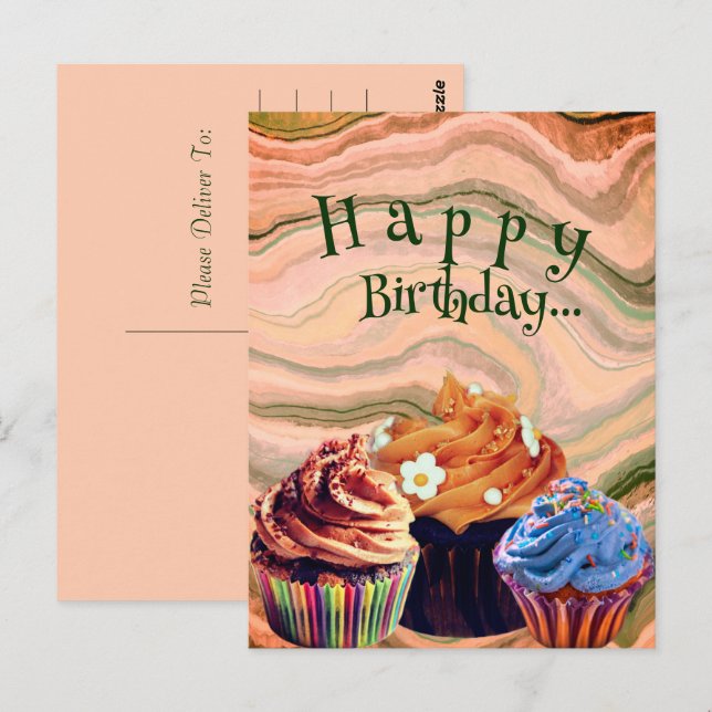 Cartão Postal Bolo de aniversário doce e simples Cupcakes| Cartã (Frente/Verso)