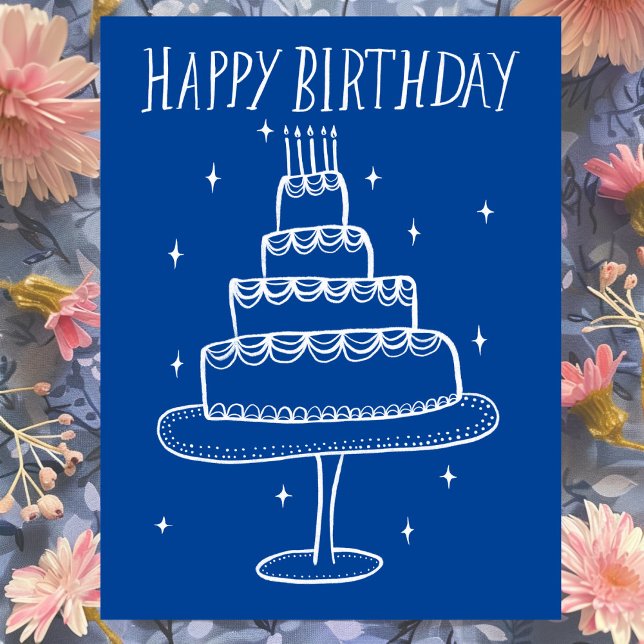Cartão Postal Bolo de Aniversário Esboço Caprichoso Rabisco  (Happy Birthday Cake Whimsical Sketch Doodle Blue White Postcard
)
