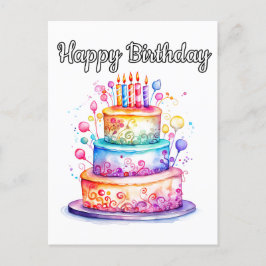 Cartão Postal Bolo de Aniversário Feliz Colorido Fofo