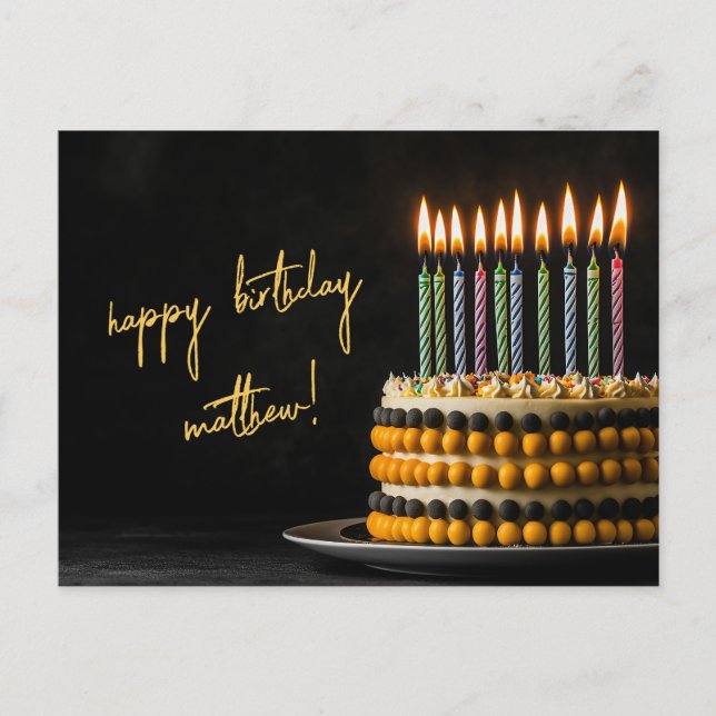 Cartão Postal Bolo de aniversário preto e amarelo (Frente)