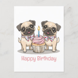 Cartão Postal Bolo de Aniversário Pug Dogs Cupcake