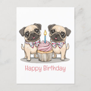 Cartão Postal Bolo de Aniversário Pug Dogs Cupcake
