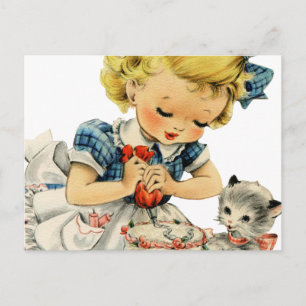 Cartão Postal Bolo de Aniversário Retro de Menina Gata Crianças