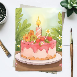 Cartão Postal Bolo de Aniversário Rosa | Feliz Aniversário