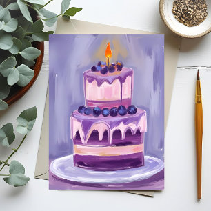 Cartão Postal Bolo de Aniversário Roxo   Aquarela