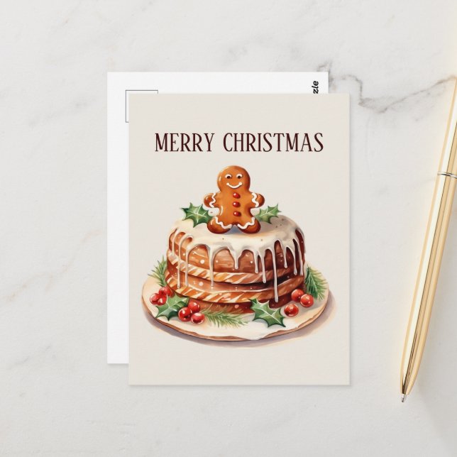 Cartão Postal Bolo de aquarela de Natal festivo adicionar texto (Frente/Verso In Situ)