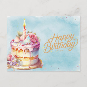 Cartão Postal Bolo de Aquarela Feliz de Aniversário com Flores