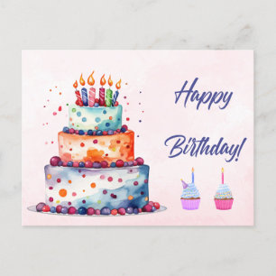 Cartão Postal Bolo de Aquarela Feliz de Aniversário com Velas