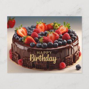 Cartão Postal Bolo de Chocolate e Frutas de Aniversário 