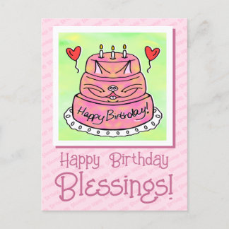 Cartão Postal Bolo de Gatinho Rosa Fofo Feliz Aniversário Bênção