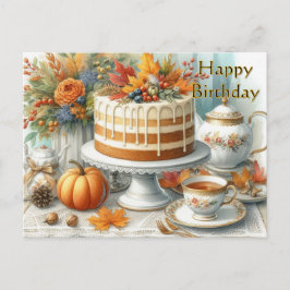 Cartão Postal Bolo de Outono e Xícara Feliz Aniversário