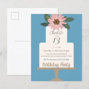 Cartão Postal Bolo Floral Rosa Festa de Aniversário 