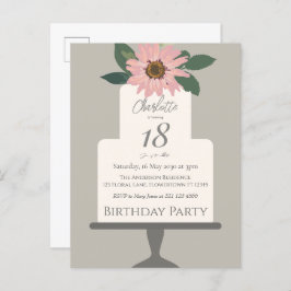 Cartão Postal Bolo Floral Rosa Festa de Aniversário 