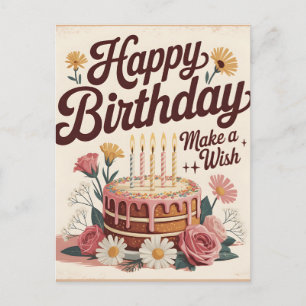 Cartão Postal Bolo Floral Vintage "Feliz Aniversário - Faça um D