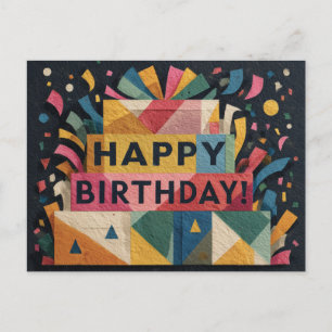 Cartão Postal Bolo Geométrico Vibrante Design de Aniversário Abs