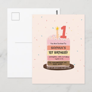 Cartão Postal Bolo ilustrado fofo, doce primeiro aniversário