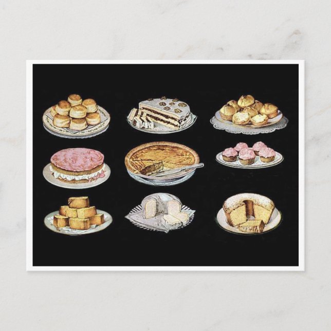 Cartão Postal Bolos de bolos assados vintage tortas biscoitos (Frente)