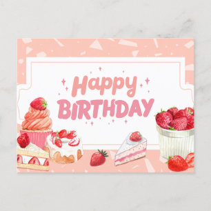 Cartão Postal Bolos de Frutas de Morango Aquarela de Aniversário