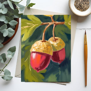 Cartão Postal Bolotas de Outono Aquarela Outono Vermelho Verde