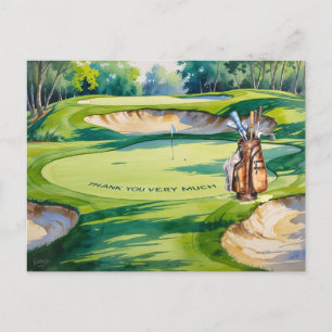 Cartão Postal Bolsa de golfe no curso de golfe aquarela para gol