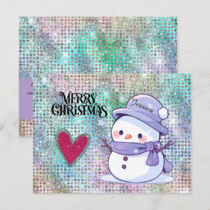 Cartão Postal Bom Natal Pastel Snowman Glitter Heart