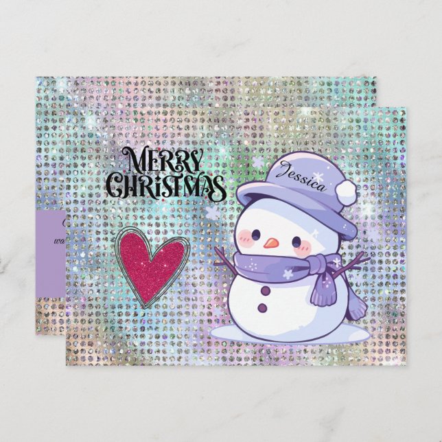 Cartão Postal Bom Natal Pastel Snowman Glitter Heart (Frente/Verso)