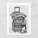 CARTÃO POSTAL BON VOYAGE<br><div class="desc">Desenho original de tinta da viagem da artista da Califórnia,  Susan Payne-Trutna.  Enquanto esperava pela minha viagem (avião),  desenhei uma vida viagem estática... Minha bagagem de carregar,  casaco de trincheira e chapéu de assinatura... </div>