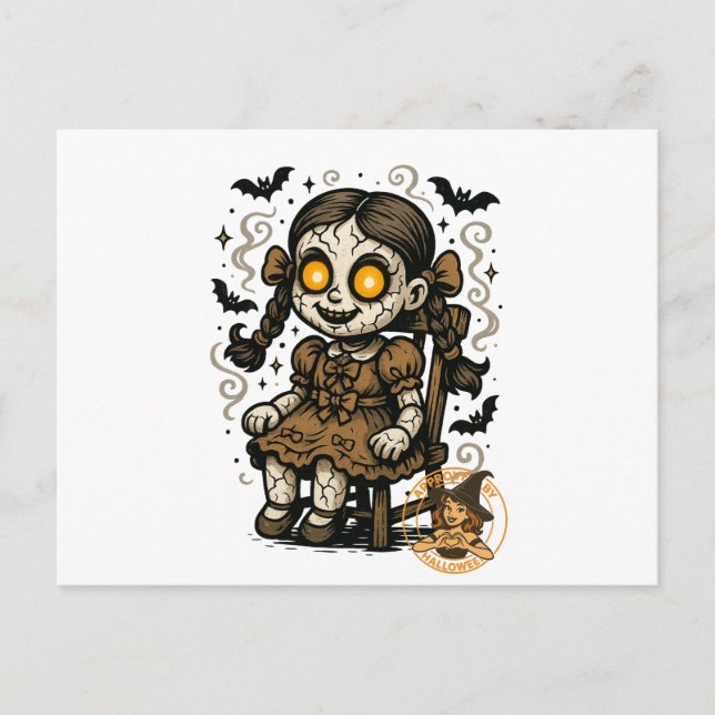 Cartão Postal Boneca Assombrada - Cartoon de Halloween (Frente)