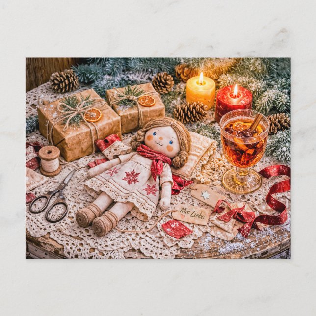 Cartão Postal Boneca de Tecido Feita à Mão com Presentes de Nata (Frente)