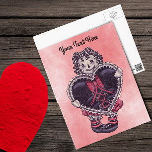 Cartão Postal Boneca de Trapo Gótica com Coração Preto Rosa Vint