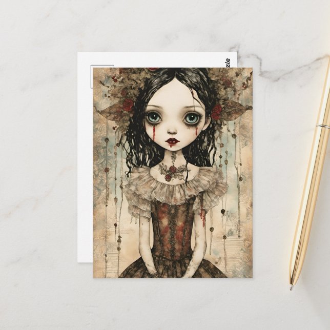 Cartão Postal Boneca de Vampiro Fofa Mídia Mista (Frente/Verso In Situ)