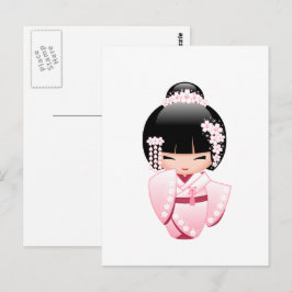 Cartão Postal Boneca Kawaii Kokeshi Quimono Rosa