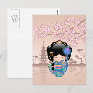 Cartão Postal Boneca Keiko Kokeshi - Rapariga Kimono Geisha Azul