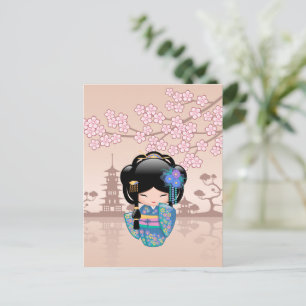 Cartão Postal Boneca Keiko Kokeshi - Rapariga Kimono Geisha Azul