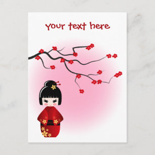 Cartão Postal Boneca kokeshi japonesa em sakura floresce