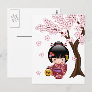 Cartão Postal Boneca Kokeshi Sakura - Geisha Fofa Se Recuperando