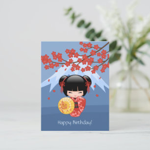 Cartão Postal Boneca Kokeshi Sakura Vermelha, Aniversário de Gei