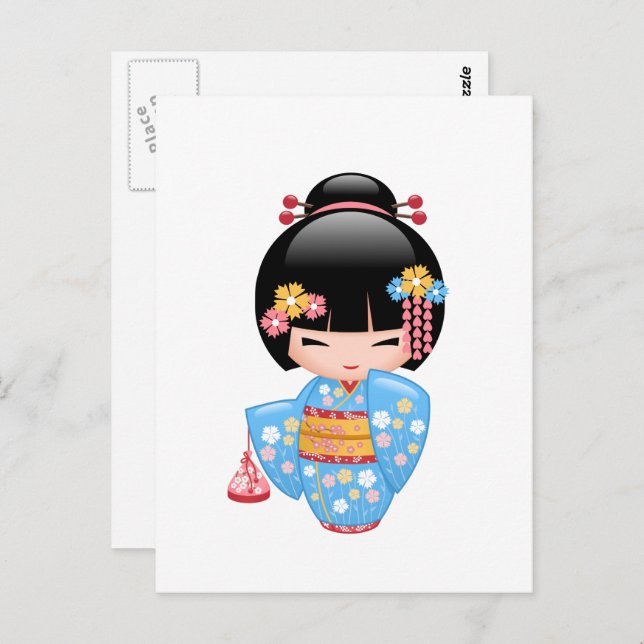 Cartão Postal Boneca Maiko Kokeshi - Garota Geisha Fofa (Frente/Verso)