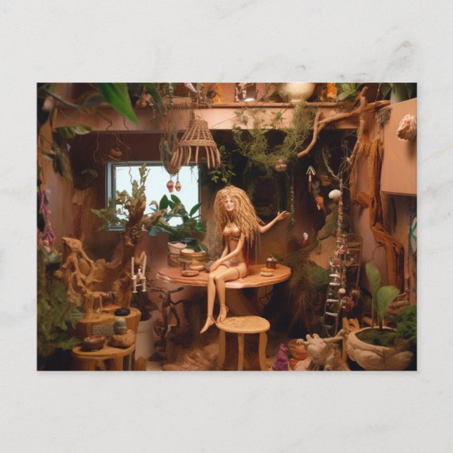 Cartão Postal Boneca numa anatomia engraçada da casa das árvores (Frente)