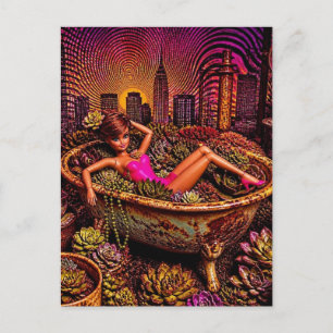 Cartão Postal Boneca numa Banheira de Plantas Arte Divertida de 