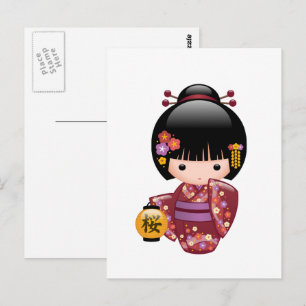 Cartão Postal Boneca Sakura Kokeshi - Garota Gisha Bonita