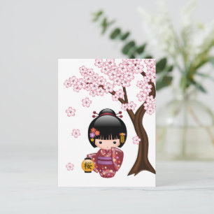 Cartão Postal Boneca Sakura Kokeshi - Geisha Bonita
