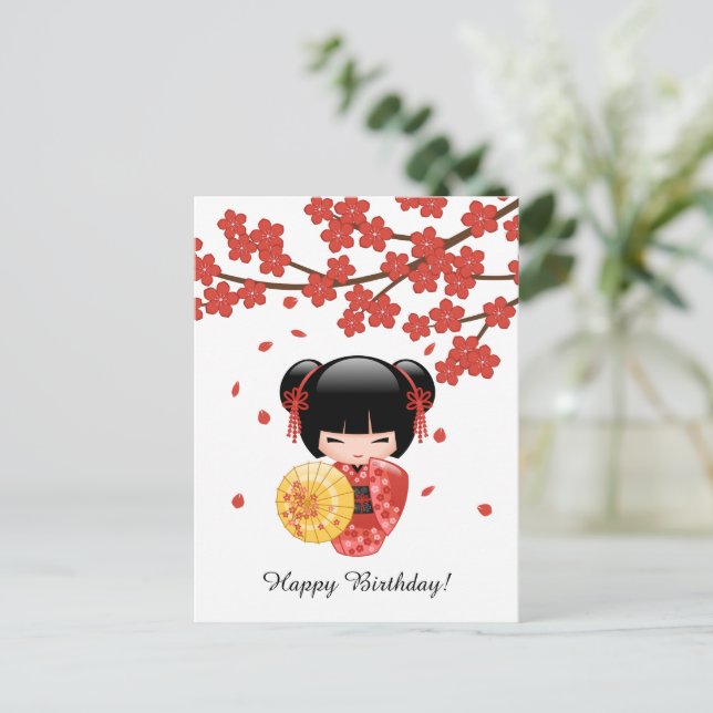 Cartão Postal Boneca Vermelha Sakura Kokeshi, Aniversário da Gei (Em pé/Frente)