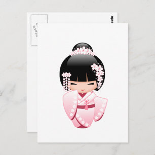 Cartão Postal Boneca White Kimono Kokeshi - Garota Gisha Bonita