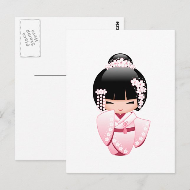 Cartão Postal Boneca White Kimono Kokeshi - Garota Gisha Bonita (Frente/Verso)