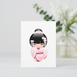 Cartão Postal Boneca White Kimono Kokeshi - Garota Gisha Bonita
