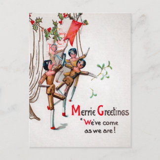Cartão Postal Bonecas de Natal Vintage Victorian Wooden Dançando