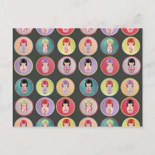 Cartão Postal Bonecas Kokeshi coloridas