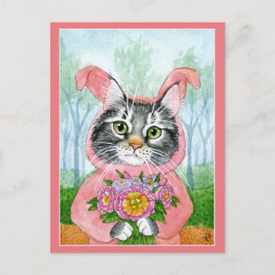Cartão Postal Boneco de gato bonito flores Páscoa cor-de-rosa